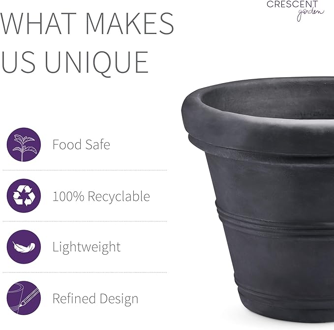 Crescent Garden Brunello Classic Rolled Rim Planter Pot, Indoor/Outdoor Weather-Safe Round Plant Pot, Premium Plastic Flowerpot for Houseplants, Herbs - 16''W (Black)