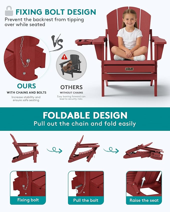 SERWALL Folding Adirondack Chair Set of 2, Outdoor Adirondack Chairs with 4 in 1 Cup Holder, Wood Texture Patio Chairs, Weather Resistant Fire Pit Chairs for Patio Deck Garden, Backyard - Red
