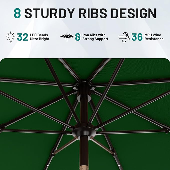 AreShark 9FT Patio Umbrella with Solar Lights, 32 LED Lighted Pool Umbrella w/Tilt and Crank, Outdoor Market Solar Umbrellas for Garden, Deck, Backyard, Pool and Beach, Dark Green