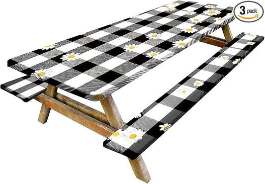 Vintage Gingham Picnic Table Cover with Bench Covers Set of 3 - Black White Check with Floral Accents, Elastic Fitted Tablecloth for 6 Ft Tables, Washable Polyester Cover for Patio, Indoor & Outdoor