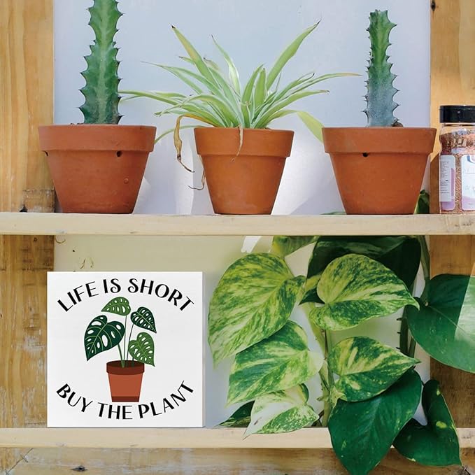 Plant Lover Desk Wooden Box Sign Decor, Life Is Short Buy, Plant Garden Decor Home Office Desk Decoration Gardening Gardener Planter Gifts for Women Men Mom Teens Kids