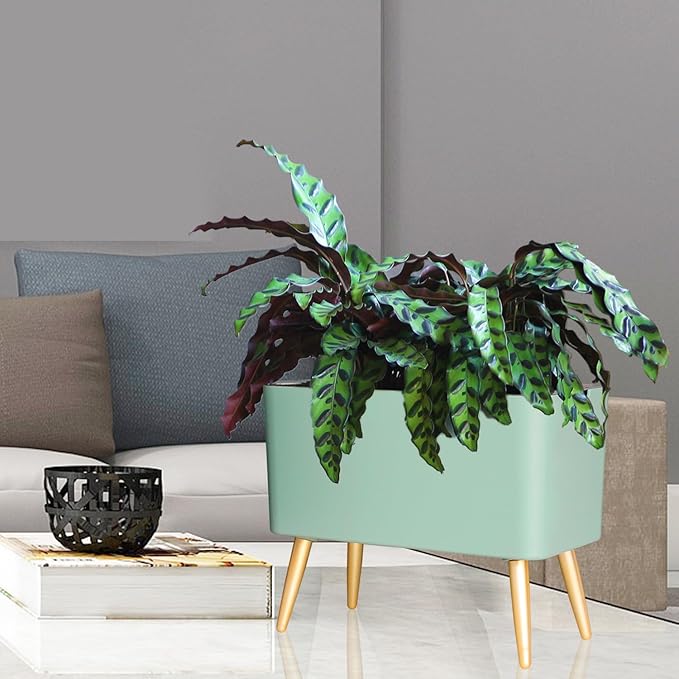 13.5 Inch Planter Pot with Metal Craft Legs, Self Watering Planter Pots with Water Shortage Alarm Plant Pot for Indoor Outdoor Decorative Succulents Herb (B- Green)