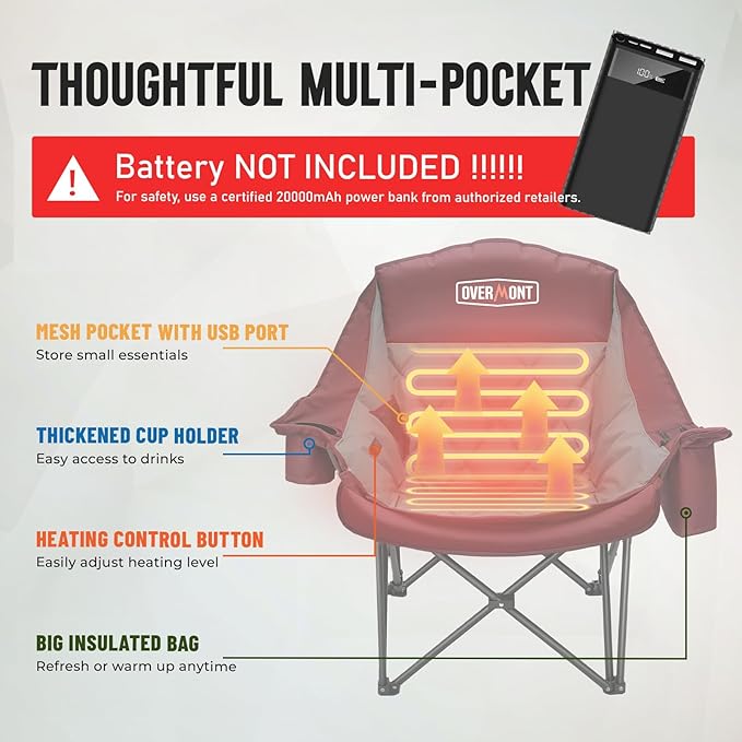 Overmont 2PCS Heated Oversized Camping Chair for Adults - 3 Heat Levels Seat & Back Separately Control - 400lbs Support Heavy Duty Padded Folding Chair Outdoor Garden Portable - Battery NOT Included