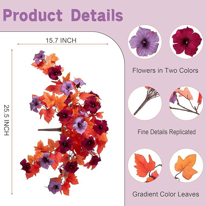Fake Fall Flowers for Outdoor Decor 2 Pcs Artificial Flowers Fake Faux Silk Petunias Fall Plants, UV Resistant Flower for Garden Porch Patio Balcony Thankgiving Decoration (Burgundy Purple)