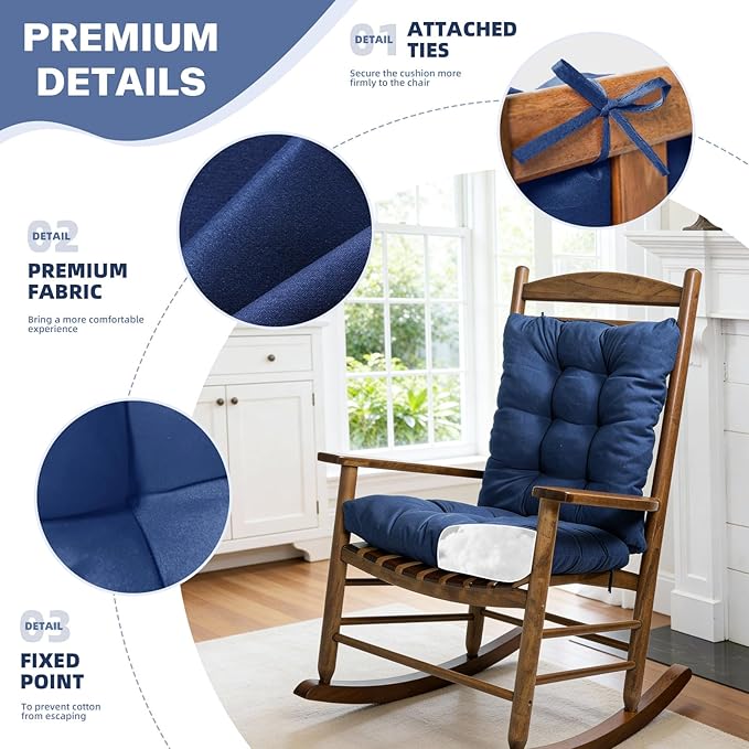 Indoor Outdoor Rocking Chair Cushions Pack of 1, Patio High Back Chair Seat Cushions with Ties for Garden Patio Furniture, Khaki