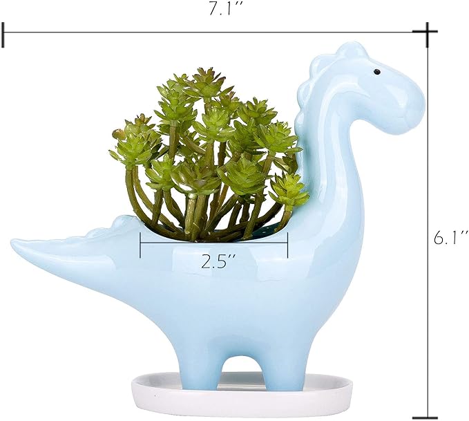 VanEnjoy Desktop Cute Cartoon Herbivorous Dinosaur White Ceramic Succulent Planter with Tray, Bonsai Cactus Flower Pot Vase Holder Decorative Organizer