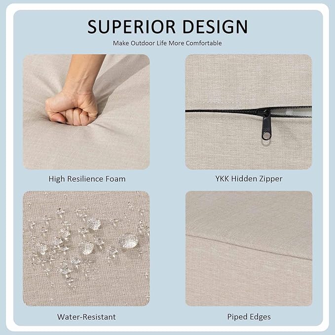 24x27.5 Inch Outdoor Deep Seat Cushions Set of 2,Thick High-Density Foam, Water-Resistant, Piped Edges & YKK Hidden Zipper for Patio Furniture,Putty