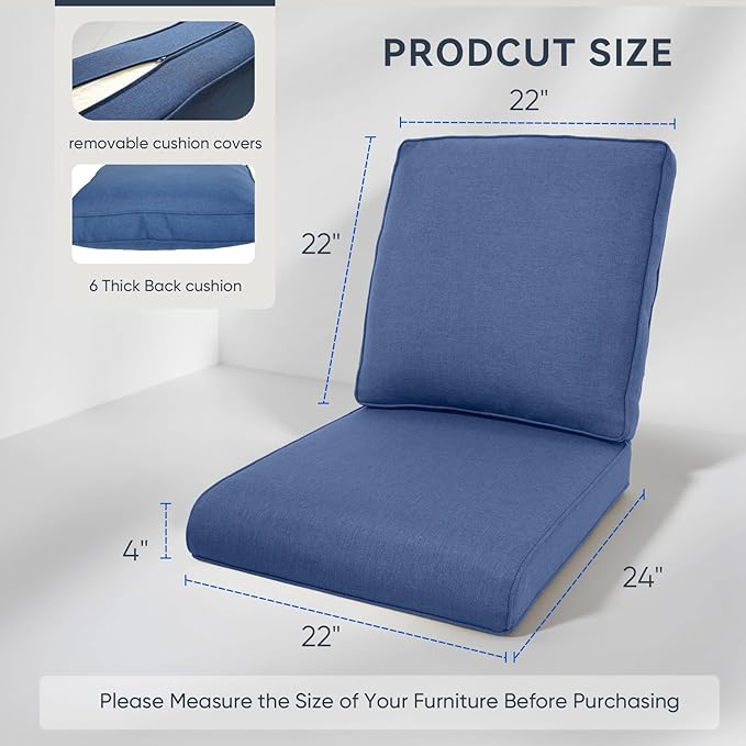 Patio Chair Cushions 6 Packs - Outside High Back Thick Water-Resistant Cushion 22x24 for Outdoor Glider Rocking Chairs Loveseat 3-Seater Couch Sofa – Blue/Regular