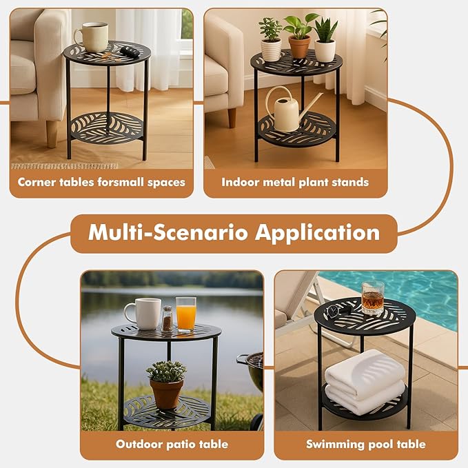 13" Two-tiered Metal Round Side Tables Small Black Outside End Table for Patio Round Accent Garden Corner Stand for Small Spaces Weather-resistant Outdoor Coffee Table for Balcony Porch Plant Stand