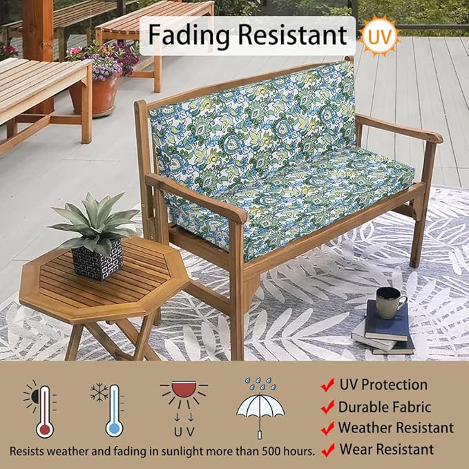 Magpie Fabrics Patio Bench Cushion Cover 48x18x3 Inch, NO Insert! Water Resistant UV Protection Outdoor Swing Loveseat Replacement Cover with Zipper, (Botanical Blue Green)