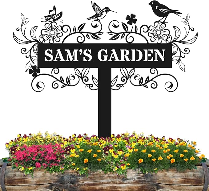 Personalized Metal Garden Sign, Custom Flower Decor with Stake, Hummingbid Metal Yard Art, Garden Name Sign,Outdoor Decor,Patio Decoration,Home Present,Gardeners & Planters Gift