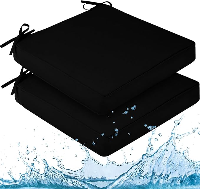 downluxe Waterproof Outdoor Chair Cushions for Patio Furniture, 18" x 18" x 2" Patio Chair Cushion with Adjustable Ties & Portable Handle, Square Outdoor Cushion with Removable Cover, Black, 2 Pack