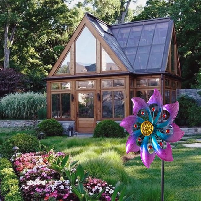 VEWOGARDEN Garden Metal Flower Wind Spinners Outdoor, Kinetic Wind Sculptures & Spinners for Yard Lawn Patio Decorations, Blue & Purple