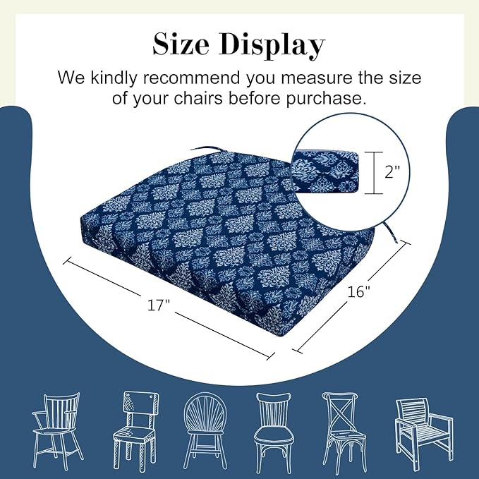 Cozyide Outdoor Chair Cushions, Waterproof Patio Seat Cushions with Adjustable Straps, Round Corner Patio Chair Cushions for Garden, Indigo Badge, 17x16x2 Inch (Pack of 4)
