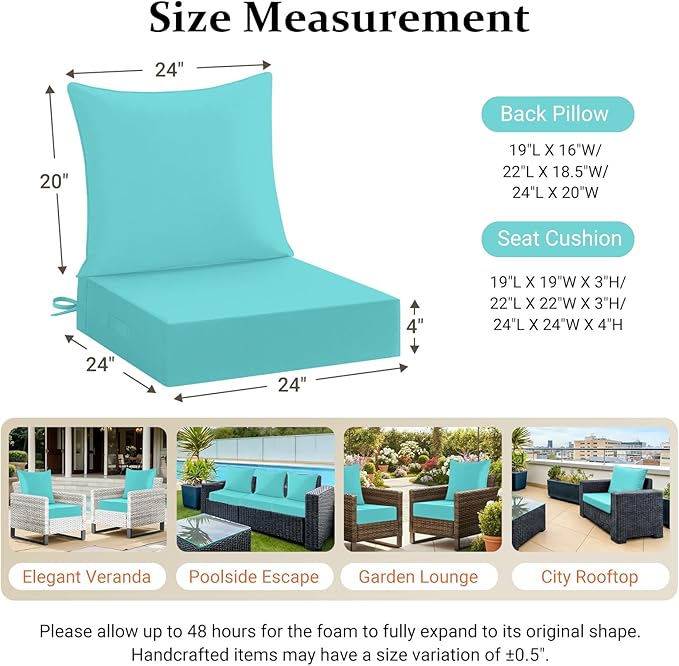 downluxe 24x24 Outdoor Chair Cushions, Waterproof Fade Resistant Patio Furniture Cushions with Handle & Removable Cover, Deep Seat Outdoor Cushions for Sofa, Couch and Patio Chairs, Teal