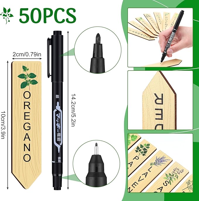 Teling 50 Pcs Wooden Plant Labels with Marker Pen DIY Garden Stakes Sign Sturdy Vegetable Plant Markers Wood Herb Garden Labels for Seed Potted Flowers Outdoor Indoor Kitchen Planter(Classic Style)