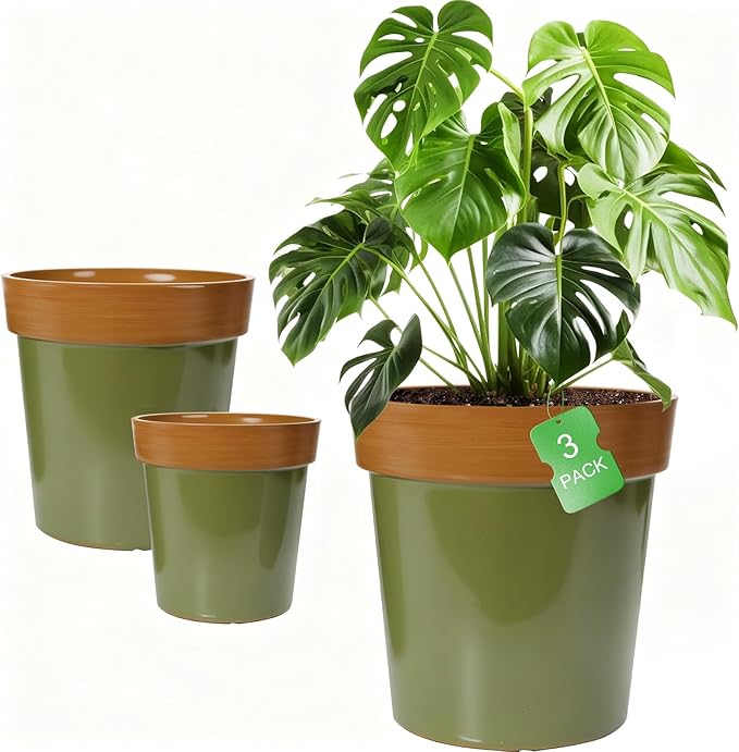 3 Pack Plant Pots, 13/11/9 Inch Large Planter, Durable Lightweight Green Flower Pot Garden Containers for Indoor & Outdoor Use, UV Resistant