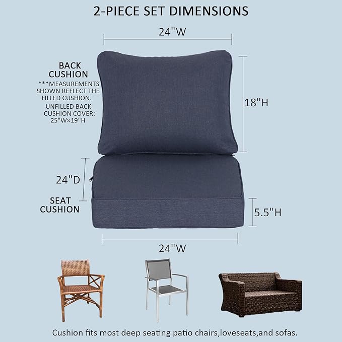 24x24 Inch Outdoor Deep Seat Cushions Set of 2,Thick High-Density Foam, Water-Resistant, Piped Edges & YKK Hidden Zipper for Patio Furniture,Sky