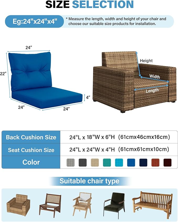YEFU Olefin Outdoor Chair Cushions: Fade Resistant Outdoor Seat Cushion 24 x 24 - All Weather Patio Furniture Cushion with Ties - Deep Seat Patio Cushions for Chair Sofa Couch(Dark Blue)