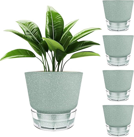 Green Self Watering Plant Pots - 6" Planters for Indoor Plants - Pack of 5 Flower Pots - Plant Pots with Drainage Hole and Tray Saucer (Frosted Dark Green)