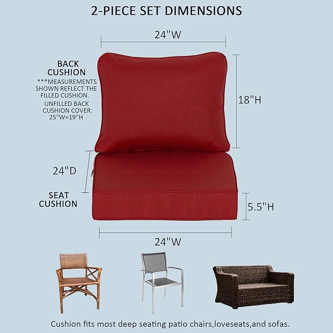 24x24 Inch Outdoor Deep Seat Cushions Set of 2,Thick High-Density Foam, Water-Resistant, Piped Edges & YKK Hidden Zipper for Patio Furniture,Chili