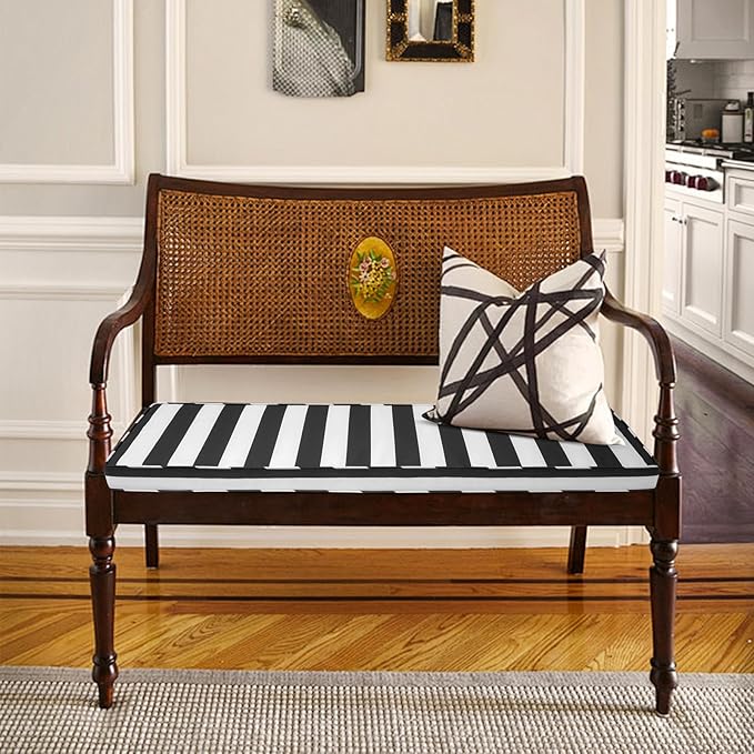 Outdoor Bench Cushion 48x18x3 Inch with Ties, Thick Waterproof Porch Swing Cushions for Patio Furniture Chair Pad, Seat Sofa Garden Replacement Cushion Sponge Filling (Black&white Stripes, 48x18)
