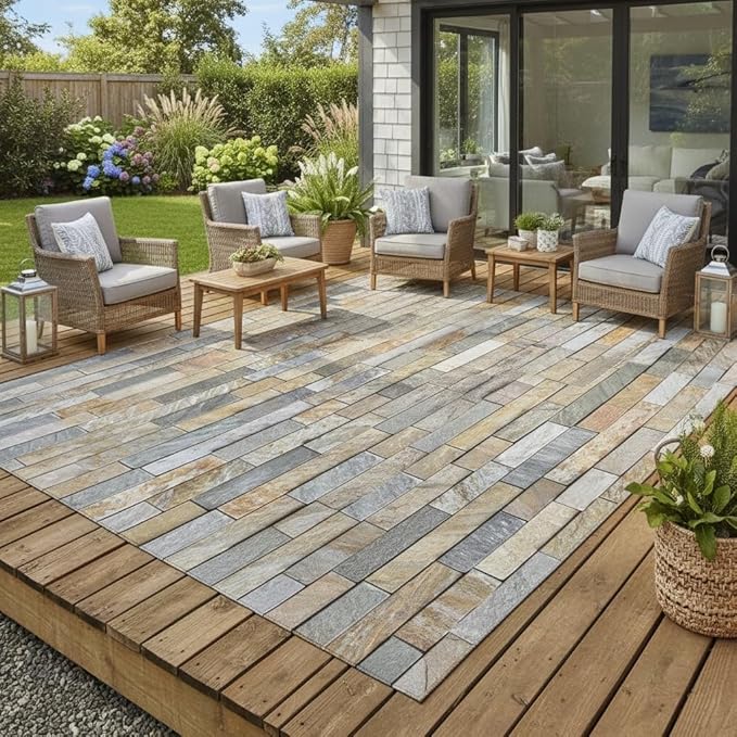 3D Visual Beige Brown Gray Stone Brick Outdoor Rug 9x12 Modern Abstract Wall Tiles Print Waterproof Outdoor Rug for Courtyard Pool Patio Deck Garden Balcony Porch Rustic Non Skid Thin Outside Mat