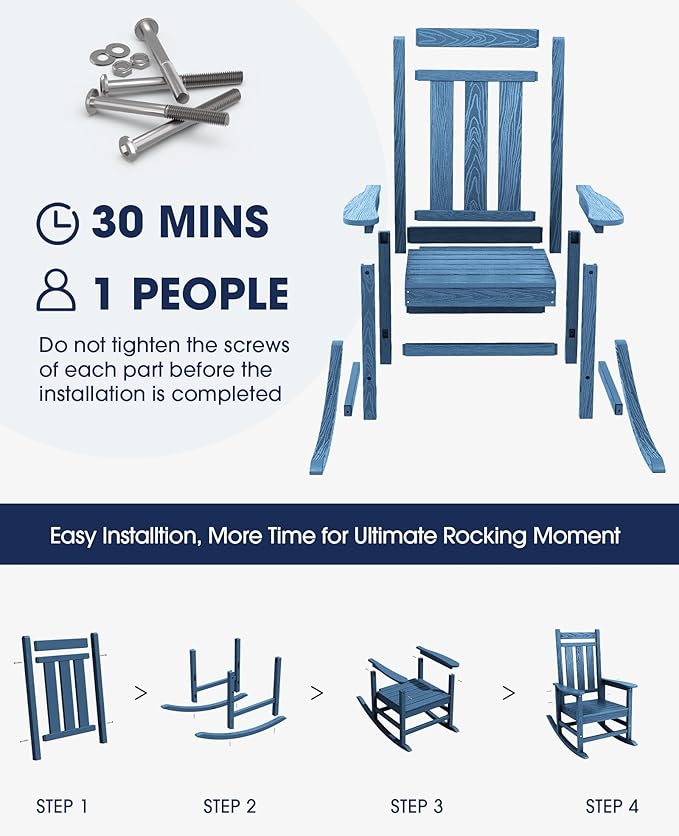 KINGYES Outdoor Rocking Chair Set of 2, All-Weather Patio Rocking Chairs for Porch, HDPE Rocking Outdoor Chairs with High Back for Adult, Heavy Duty Outdoor Patio Rockers for Garden, Lawn, Blue
