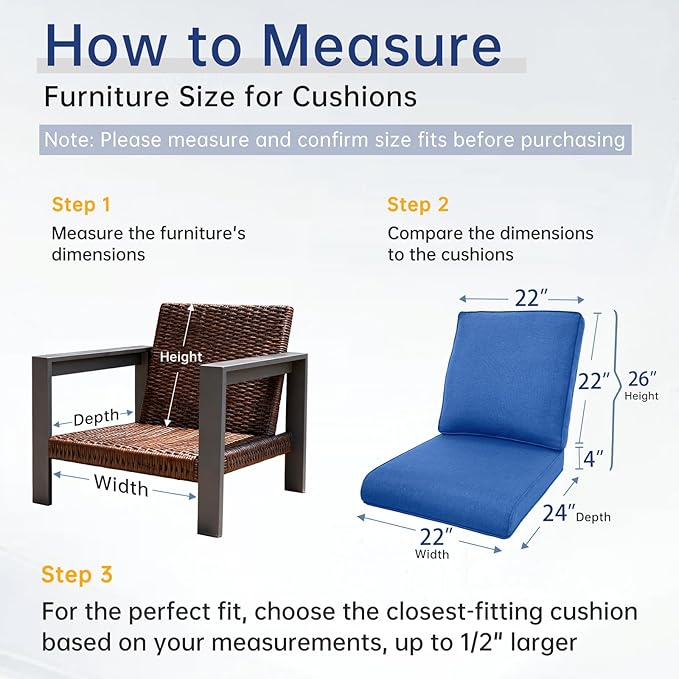 Belord Luxury 4" Thick Regular Outdoor Cushion Set - 22 x24 Inch 28D Sponge Filling Fade-Resistant Chair Cushions, Spill Proof Removable Patio Furniture Replacement Cushion for Sofa Bench - Blue