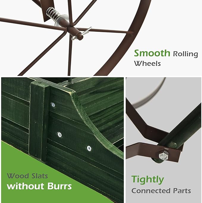 Wooden Wagon Planter with Wheels, Indoor/Outdoor Flower Cart w/Dual-Compartment & Adjustable Handle, Decorative Garden Planter for Home, Yard, Wedding (Green)