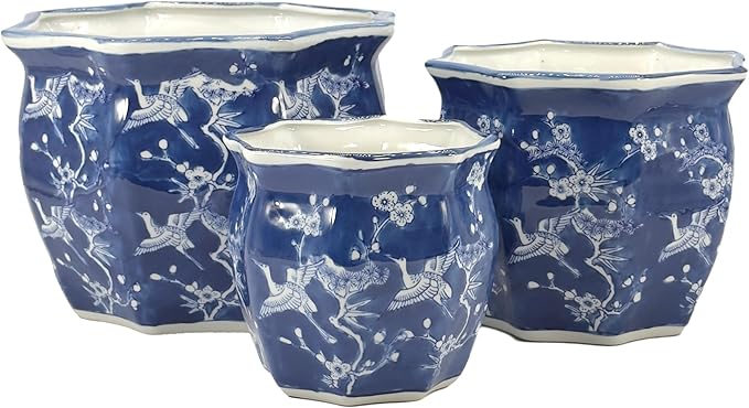 Galt International White & Blue Crane Round Fluted Floral Porcelain Ceramic Plant Flower Planter Pot Set of 3 (7.5", 10", 13") Garden Pots Chinese Asian Design