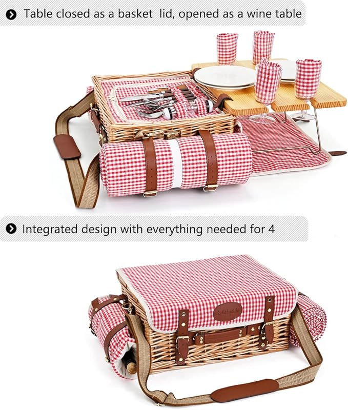 Multifunctional Wicker Picnic Basket Set for 4 with Blanket and Picnic Table, Insulated Picnic Set with Full Tablewares for Camping Outdoor Couples, Gingham