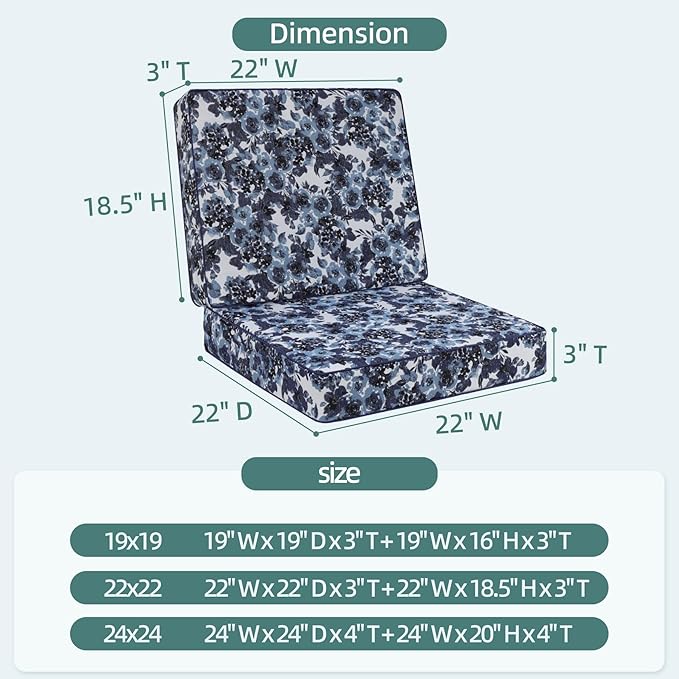 Favoyard Deep Seat Patio Cushion 22 x 22 x 3 in Waterproof Seat & Back Cushion Set with Color Fade Resisitant Pattern, Portable Handle, Attach Straps, Zipper on Removable Cover for Outdoor Furniture