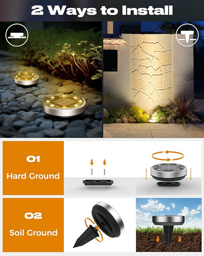 btfarm 6 Pack Solar Ground Lights Outdoor, 8 LED Flat Solar Lights Outdoor Pathway IP65 Waterproof for Garden Pathway Lawn Patio Yard Landscape, Warm White