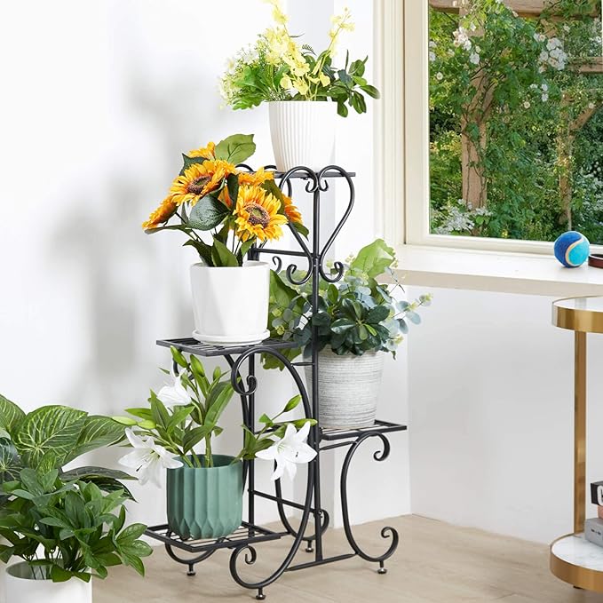 unho Metal Plant Stand Black: 4 Tier Flower Pot Display Rack with Potted Planter Shelves Indoor Storage Shelf Holder for Balcony Living Room Patio Garden Entryway Décor (Black)