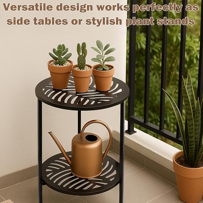 13" Two-tiered Metal Round Side Tables Small Black Outside End Table for Patio Round Accent Garden Corner Stand for Small Spaces Weather-resistant Outdoor Coffee Table for Balcony Porch Plant Stand