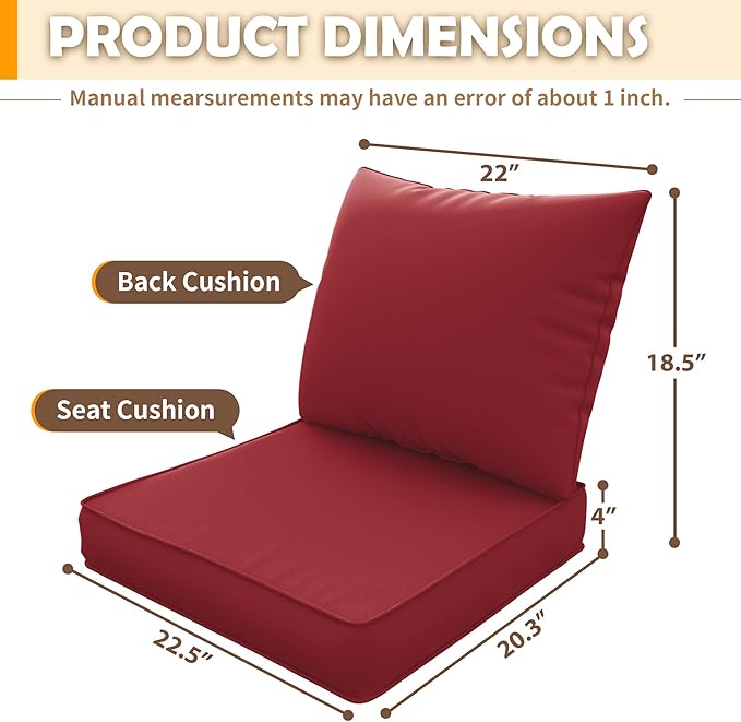Amopatio Outdoor Cushions for Patio Furniture, Outdoor Chair Cushions Fits 8-seat Sectional Conversation Sets, Patio Replacement Seat Cushion for Patio Chairs (Burgundy)