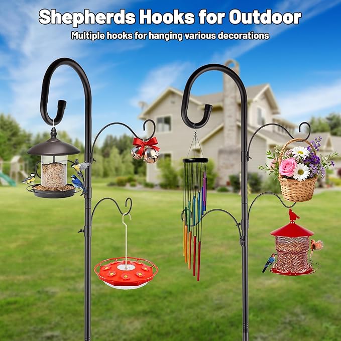 4-Hook Shepards Hooks for Outdoor,Adjustable 92 Inch Bird Feeder Pole with 5 Base Prongs,Garden Planter Stakes Suitable for Garden in Hanging Flower Basket,Lantern,Outdoor Décor
