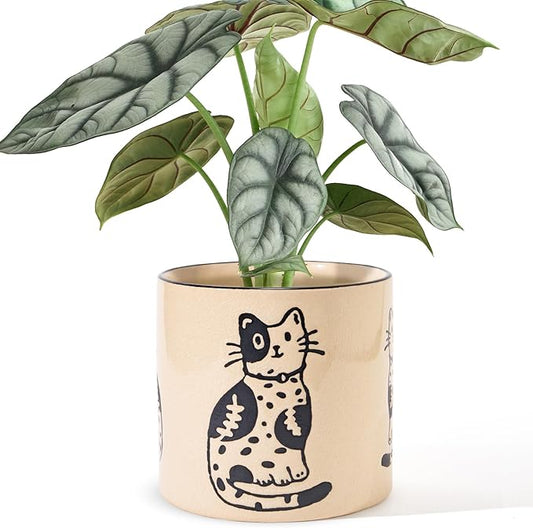 5 Inch Ceramic Plant Pots with Drainage Holes, Small Round Flower Pots for Indoor Plant, Unique Animal Flower Planters (Cat)