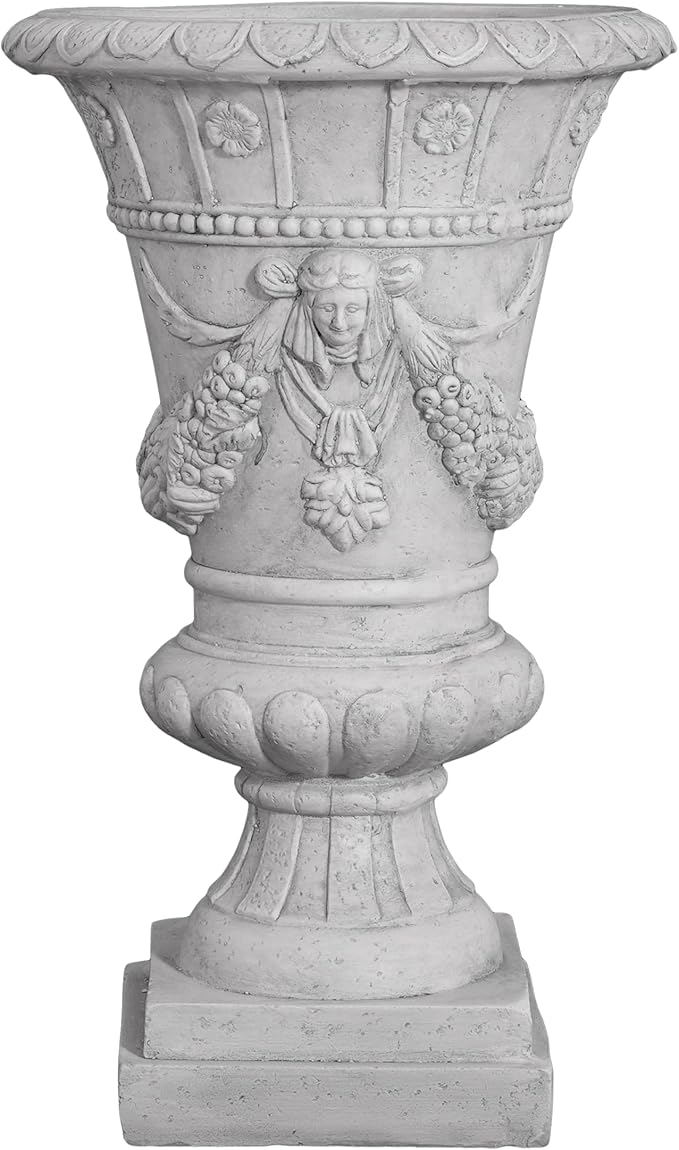Christopher Knight Home Jorine Light Concrete Planter, Patio Planter, Mid-Centry Gadern Urn, Large Garden Pot, Floral Statue Design, Flower Urn with Drainage Hole for Backyard Home, Light Gray