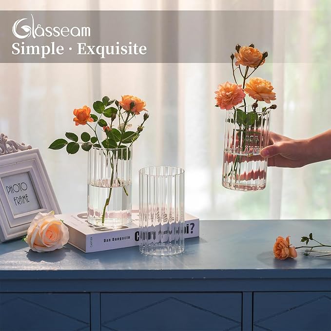 Glasseam Glass Cylinder Vases for Centerpieces: 6pcs Clear Ribbed Flower Vases for Pillar Candle - 6 Inch Modern Hurricane Floating Candle Holder for Wedding Table Centerpieces Living Room Home Decor