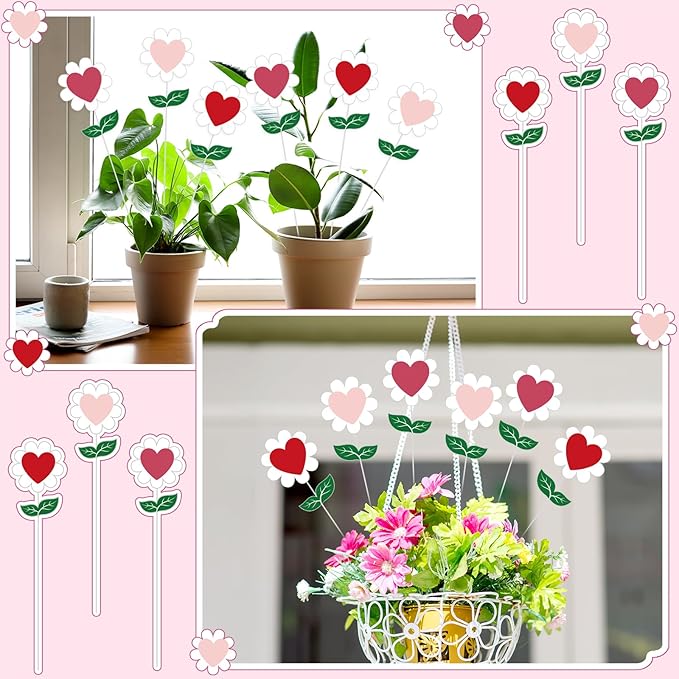 BreezeHug 6 Pcs Valentine's Day Heart Shaped Flower Planter Stakes Outdoor Garden Stakes Sign Valentine Flower Stick Pink Red Decorative for Yard Patio Lawn Decor (Solid Color)