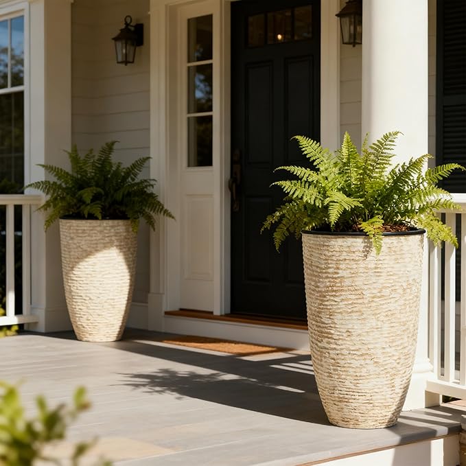 WORTH Garden 2-Pack 21" H. Beige Tall Planters with Inside Pots - 14'' Dia Plastic Large Round Plant Tree Pots - Decorative Imitation Stone Finish for Indoor Outdoor Front Porch Container Patio