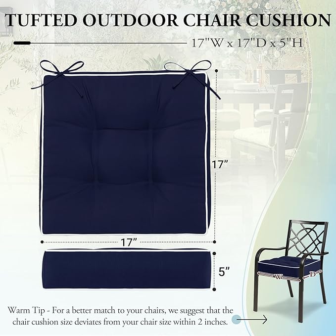 Wellsin Outdoor Chair Cushions Set of 2, Patio Cushions for Outdoor Furniture, Tufted Waterproof Outdoor Chair Pads, 17 x 17 Inch, Navy