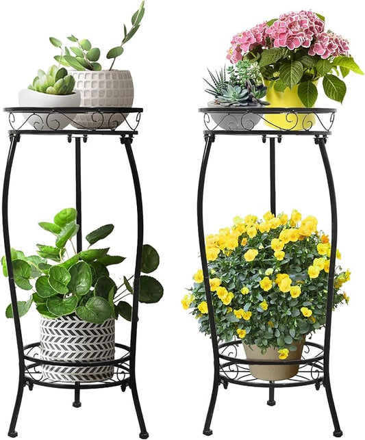 2 Pack Plant Stand Indoor Outdoor 2 Tier 27" Tall Metal Potted Holder Rack Flower Pot Stand Heavy Duty Plant Shelf Rustproof Iron Multiple Plant Round Supports Rack for Planter Corner Garden