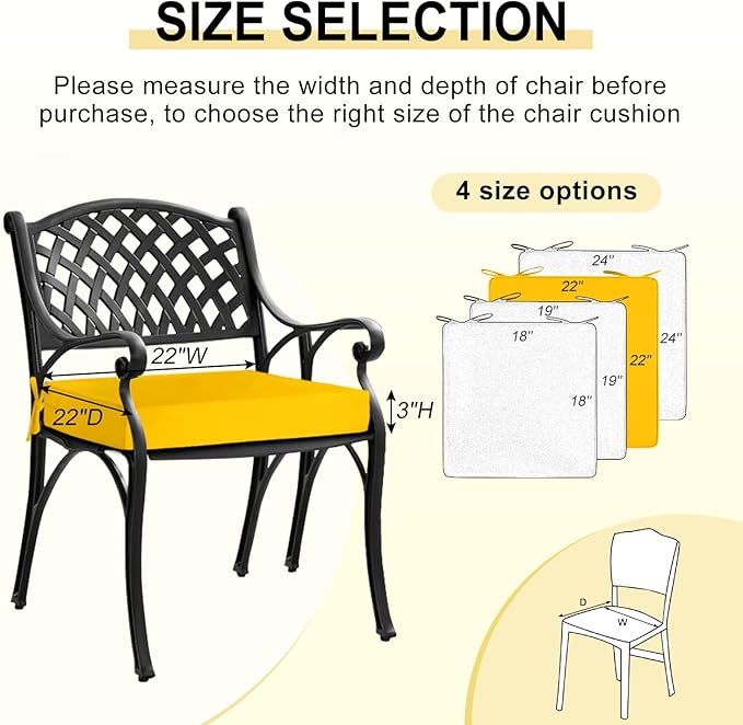 downluxe Waterproof Outdoor Chair Cushions for Patio Furniture, 22" x 22" x 3" Patio Chair Cushion with Adjustable Ties & Portable Handle, Square Outdoor Cushion with Removable Cover, Yellow, 2 Pack