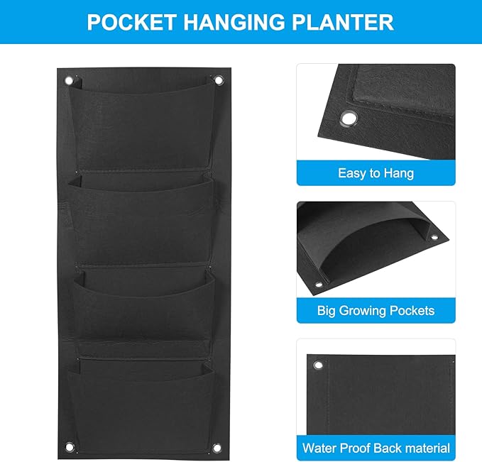 PATIKIL 4 Pockets Vertical Hanging Grow Bags, Wall Hanging Planter Bags Wall-Mounted Felt Fabric Planting Grow Bags for Garden Home Decoration, Black