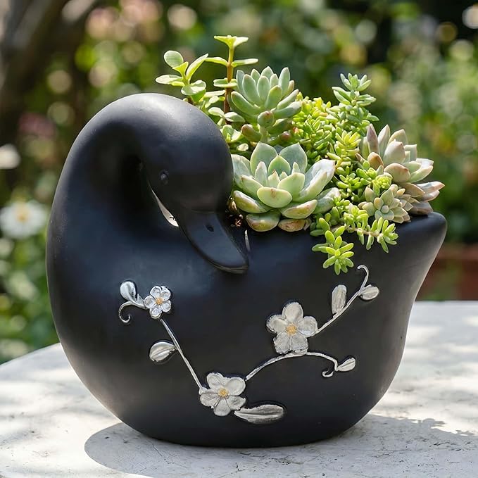 Swan Flower Pot - Unique Resin Sculpture, Enchanting Decorative Garden Planter, Elegant Swan Vase for Succulents & Air Plants, Indoor/Outdoor Use, Durable & Whimsical Design (Black)