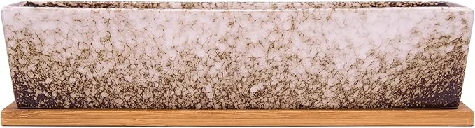 ARTKETTY Succulent Pots - Large Succulent Planter Pots with Drainage, 12 Inch Long Rectangle Bonsai Pot with Bamboo Tray Shallow Ceramic Cactus Flower Planter Window Box for Home Garden Decor (White)