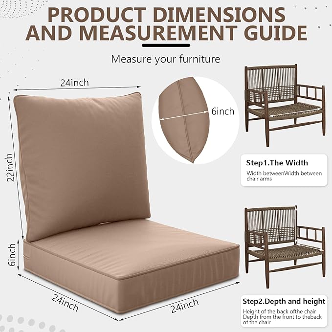 24" x 24" x 6" Outdoor Deep Seat Cushions Set - 6 Set Waterproof & Fade Resistant Patio Furniture Replacement Cushions, Non-Slip Outdoor Cushions Fit Loveseats, Couches, Chairs, and Sofas